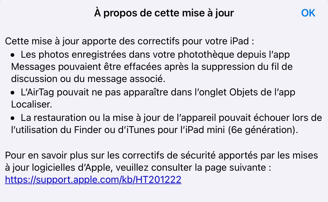 La Mise à jour iPadOS 15.0.2 dispo pour votre iPad  
Elle apporte des correctifs et d’importantes mises à jour de la sécurité 
Comme d’habitude, sauvegardez avant d’installer 😉 
#MiseAJour
#Apple #iPadOS1502 #iPadOS #MaJ #AppStore #iPad #iPadPro #iPadAir #iPad9