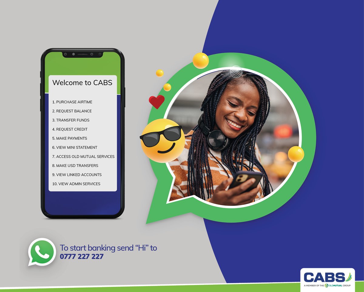 CabsZimbabwe's tweet photo. Transact with ease from airtime purchases, balance enquiries, requesting mini-statements, Internal transfers, to ZIPIT transfers on WhatsApp. Send “hi” to 0777 227 227 and bank securely from wherever you are! #NowThatsWhatsUp #WhatsAppBanking https://t.co/A9LkoHfGSy