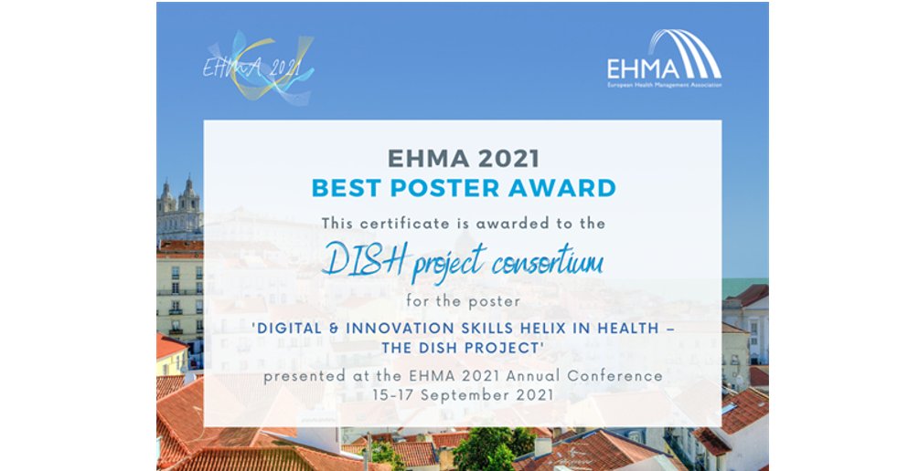 dish_project's tweet photo. The #DISHprojectEU was awarded at the @EHMAinfo 2021 Annual Conference as Best Poster titled ‘Digital &amp; Innovation Skills Helix in health – The DISH project’ authored by Ms Trine Ungermann Fredskild and Ms Sabine Paasch Olsen.

🔗Read the full article here https://t.co/QJdQaGbyxJ https://t.co/CTOMHMsgEK