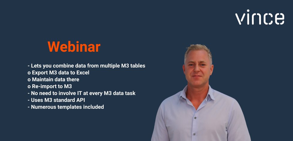 VinceNorway's tweet photo. Vince Excel – Simplifying M3 master data management. Get to know more in our upcoming webinar on Thursday 14/10 at 14:00- 14:45 CET. Sign up here: https://t.co/qxjnM3dhcg
#inform3 #infor  #masterdata #IT #AnagraficheprincipaliM3  #InforM3ERP #GestioneIT #InforM3Ordinidivendita https://t.co/nuPx3NrMrc