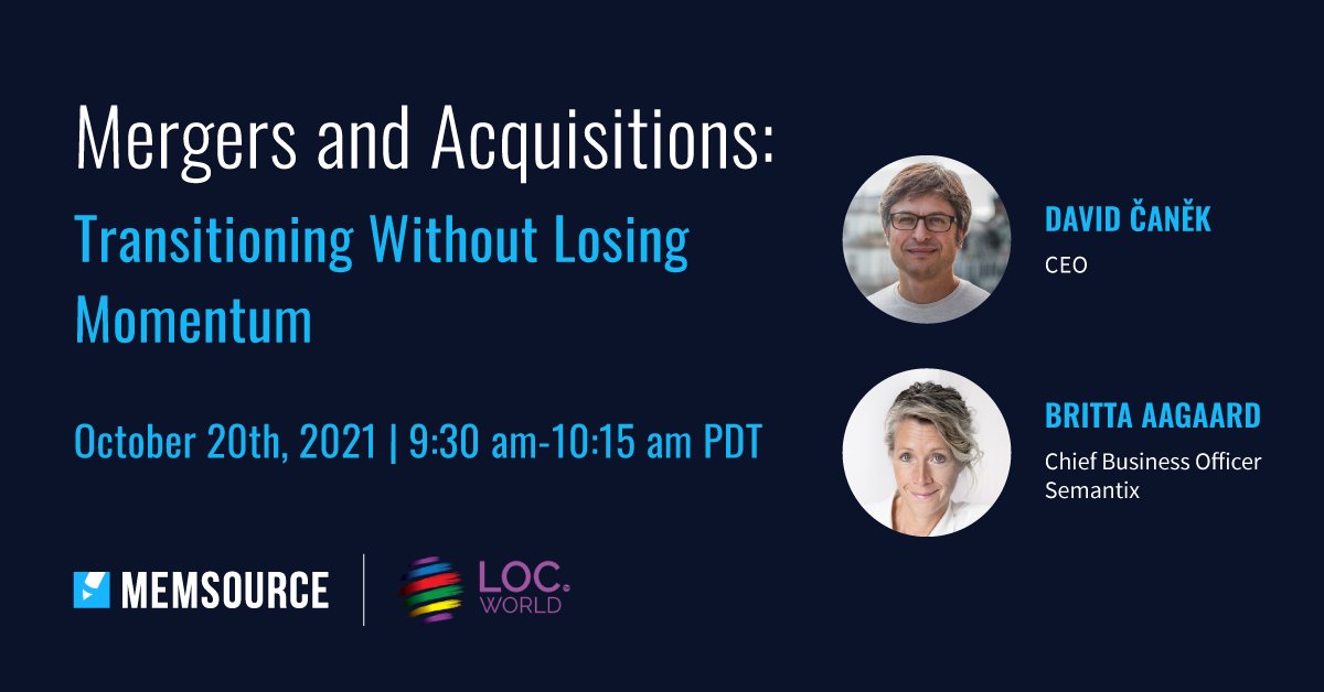 Are you joining #LocWorldWide45? Our CEO <a href="/davidcanek/">David Canek</a> will discuss mergers and acquisitions alongside <a href="/britta_aagaard/">Britta Aagaard</a>, Chief Business Officer of Semantix.