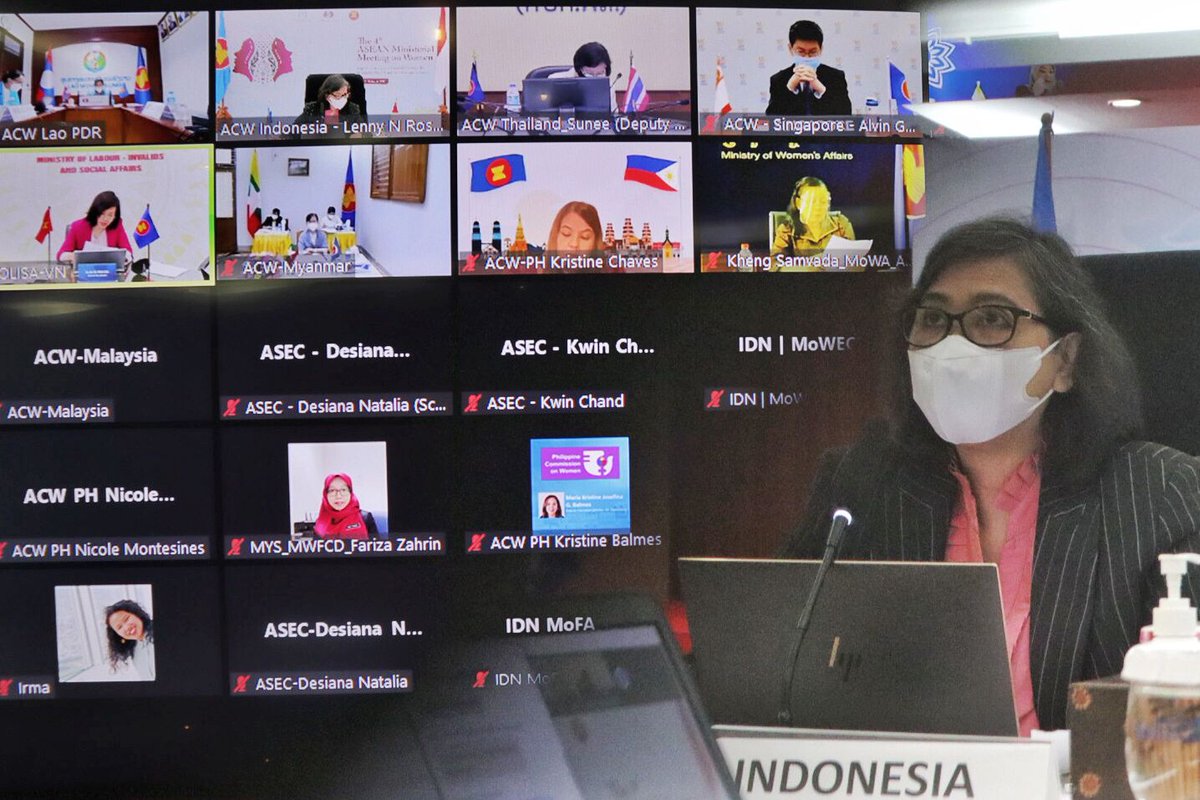 kpp_pa's tweet photo. Bertindak sebagai Chair ASEAN Committe On Women (ACW) periode 2021-2022, Indonesia kembali memimpin jalannya sidang ACW+3 Meeting ke-13 yang dilakukan secara virtual di Jakarta (11/10).
#ACW #AMMW https://t.co/j7S1n6UVjn
