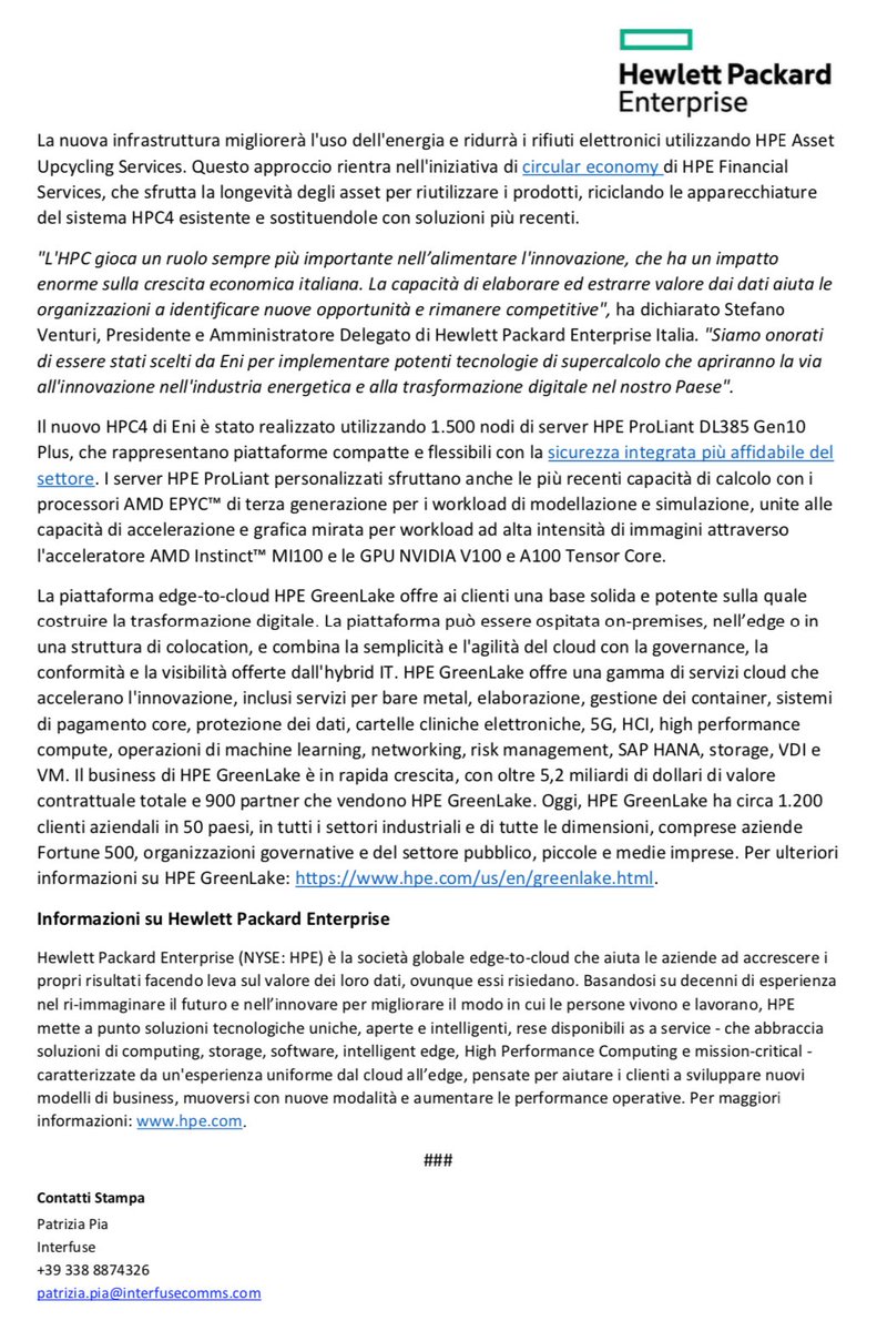 Congratulazioni per lo straordinario risultato ottenuto dal team congiunto <a href="/HPE_IT/">HPE Italy</a> <a href="/ENI/">eni</a>, che permetterà di accelerare la ricerca di nuove fonti #energia, #innovazione e trasformazione digitale a supporto del Paese #HPC #ENI #HPC4 #economiacircolare #sostenibilità