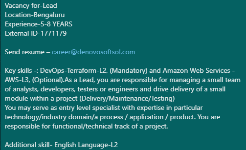denovosoftsol's tweet image. #denovo
Vacancy for-Lead
Location-Bengaluru
Experience-5-8 YEARS
External ID-1771179

Send resume – career@denovosoftsol.com

Additional skill- English Language-L2

#DevOpsTerraform #AmazonWebServices #AWS #dataanalyst #developer #lead #techjob #softwaredeveloper #testengineer