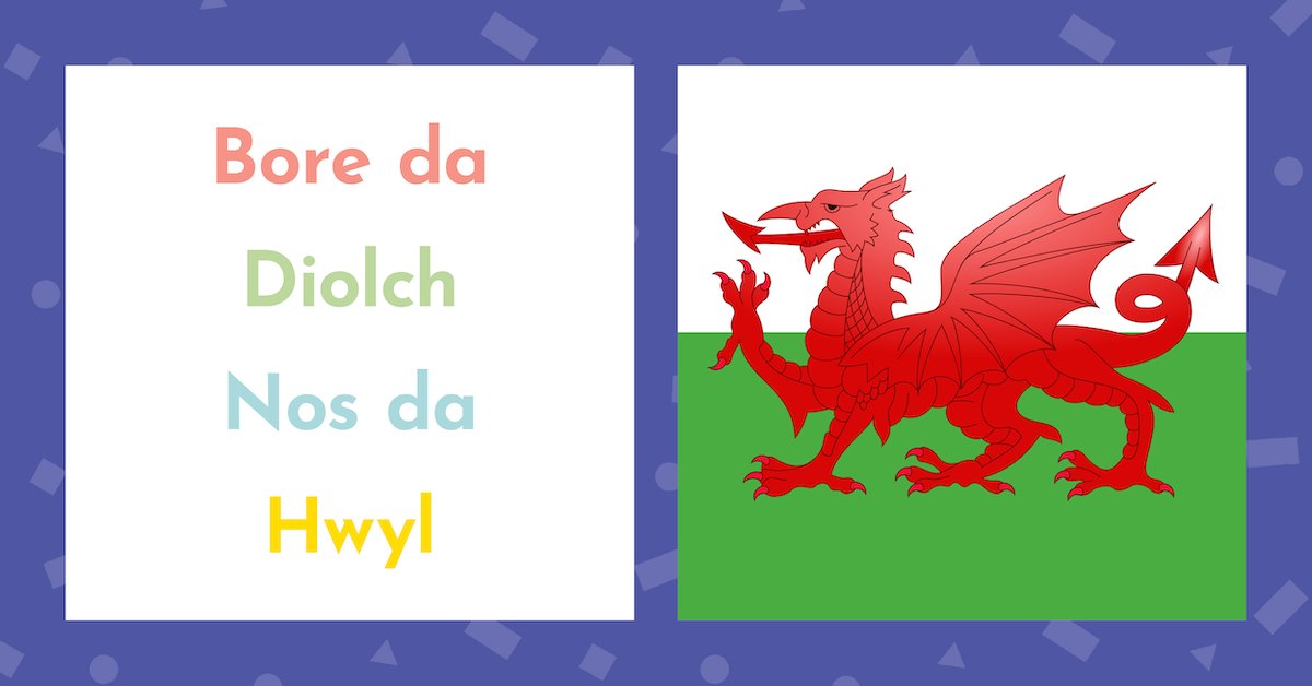 tLearningTree's tweet image. Teach your child a few simple phrases in Welsh today!
Hylo – hello 
Bore da – Good Morning
Prynhawn da – Good Afternoon
Diolch – Thank you 
Hwyl – Goodbye
Nos da – Good night. 
thelearningtreecardiff.co.uk