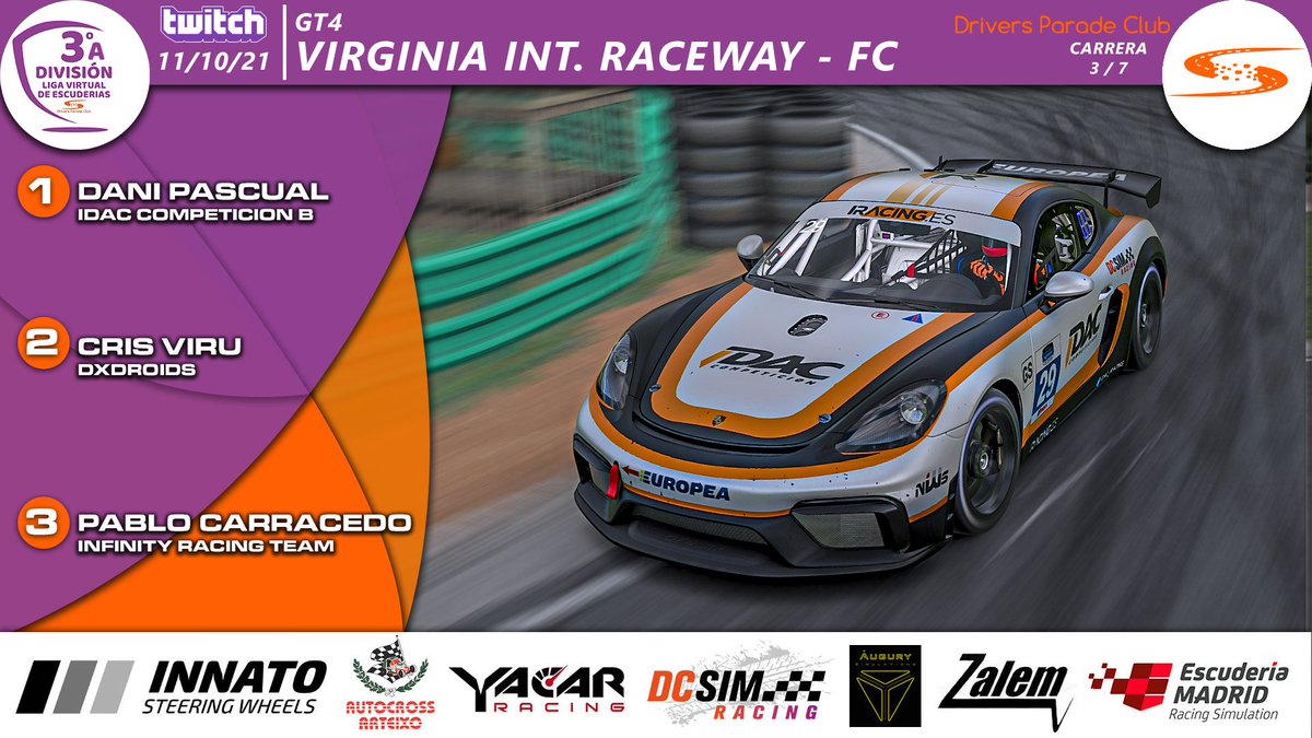 🏁LVE - 3ª DIVISIÓN A🏁

📍Virginia
📆11/10/2021

Podium:

🥇DANI PASCUAL <a href="/IDAC_iRacing/">I.D.A.C.</a>
🥈CRIS VIRU <a href="/DXDroids_Team/">DxDroids Simracing by LR</a>
🥉PABLO CARRACEDO <a href="/_infinityracing/">Infinity Racing</a> 

¡ENHORABUENA A TODOS!