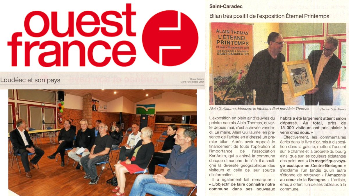 StCaradec22's tweet photo. 🗞Article @OuestFrance22 du 12-10-2021.

👏Bilan positif de l’exposition "Alain Thomas, l’Eternel Printemps".
🖼 En offrant à la municipalité un Fine Art, l’artiste @AlainThomasOff promet plus que jamais des couleurs printanières éternelles à #StCaradec.
https://t.co/B71RHZOonC https://t.co/DeTUFqglB9