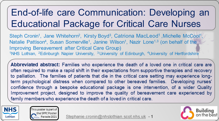 Palliative_Scot's tweet photo. Poster 11 #SPPCPosterParade - End-of-life care Communication: Developing an Educational Package for Critical Care Nurses @ICULone
@kirstyedinpall @NHS_Lothian @riecriticalcare https://t.co/4YdNTe23E4