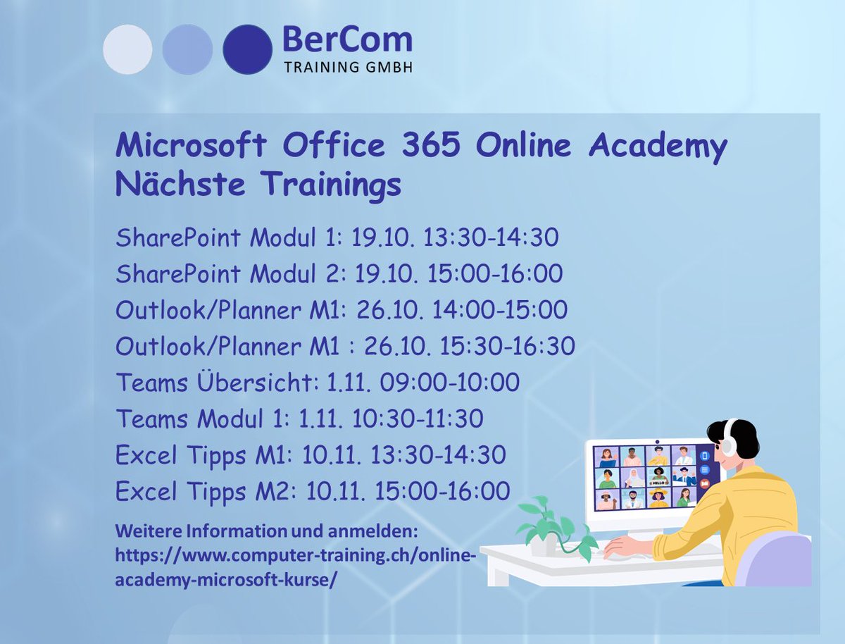 Neue Termine online! Hier kannst Du Dich gleich anmelden:
tinyurl.com/8bde9f24
#Microsoft #SharePoint #MicrosoftTeams #onlinekurs #Microsoft365 #Excel
