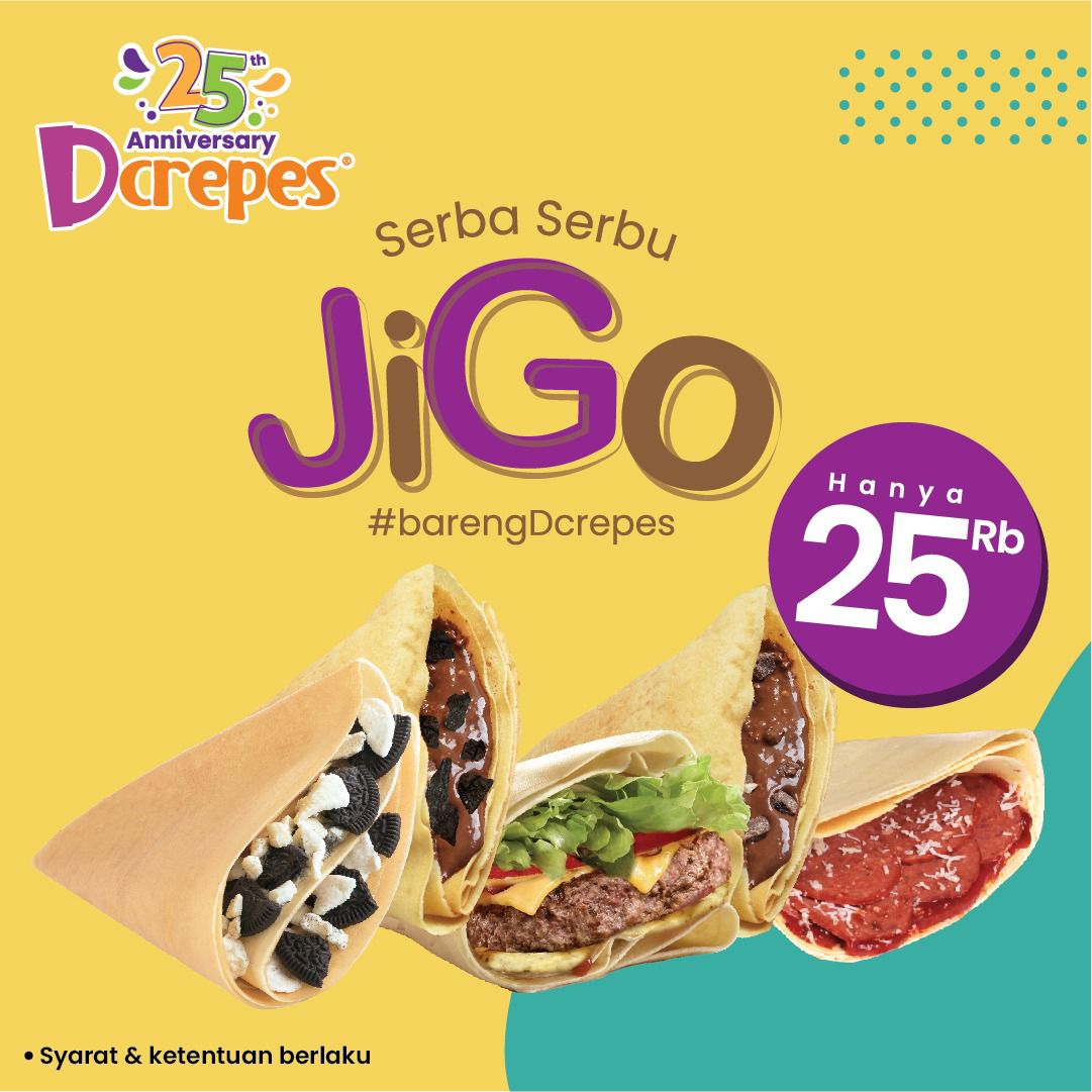 25 Jigo 25 Jigo 25 jigoooo!!! SERBA SERBU JIGO #barengDcrepes 🥳

Lagi ngidam Savory crepes atau Sweet Crepes? Langsung gas aja sekarang!!!!

Mumpung Dcrepes lagi ada promo SERBA SERBU 25ribu #barengDcrepes kuy ke outlet Dcrepes sekarang.