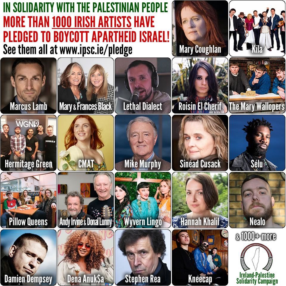PalMediaOrg's tweet photo. This is huge: 

Over a 1,000 Irish artists stand in solidarity with the Palestinian ppl by supporting a cultural boycott of Israel. https://t.co/tXpEafKbIV