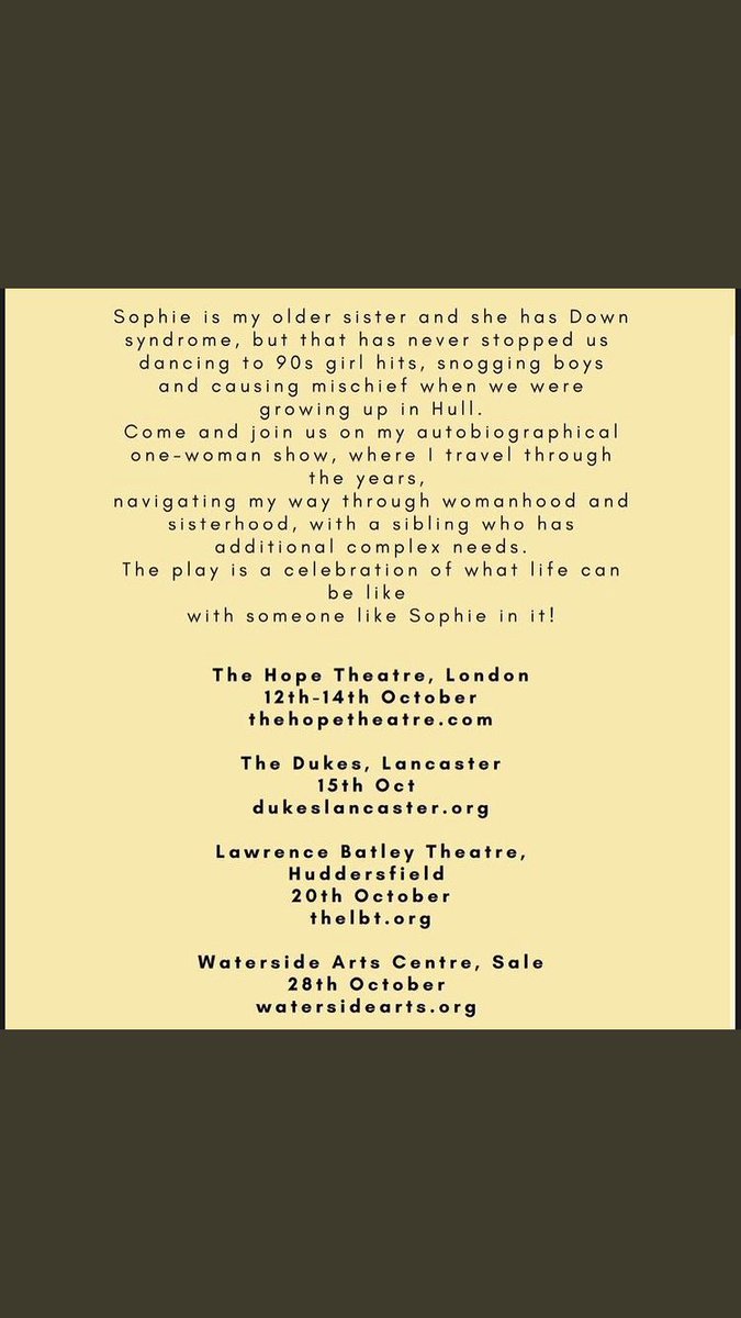 Sophie is a play written by Emily Curtis about her sister Sophie and their life growing up in 90's Hull.
Dates and venues below ⤵️