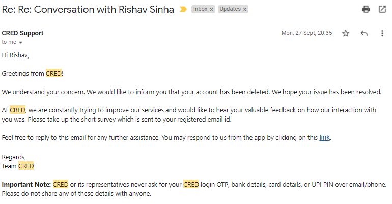 rishavsinha's tweet photo. @kunalb11 @CRED_club @MahaCyber1 Asking for account deletion since Sep 20, 2021 but @CRED_club  wont delete account / data https://t.co/bMXTC6W0YT