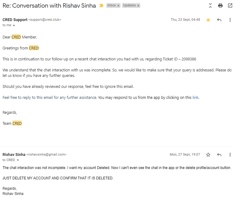 rishavsinha's tweet photo. @kunalb11 @CRED_club @MahaCyber1 Asking for account deletion since Sep 20, 2021 but @CRED_club  wont delete account / data https://t.co/bMXTC6W0YT