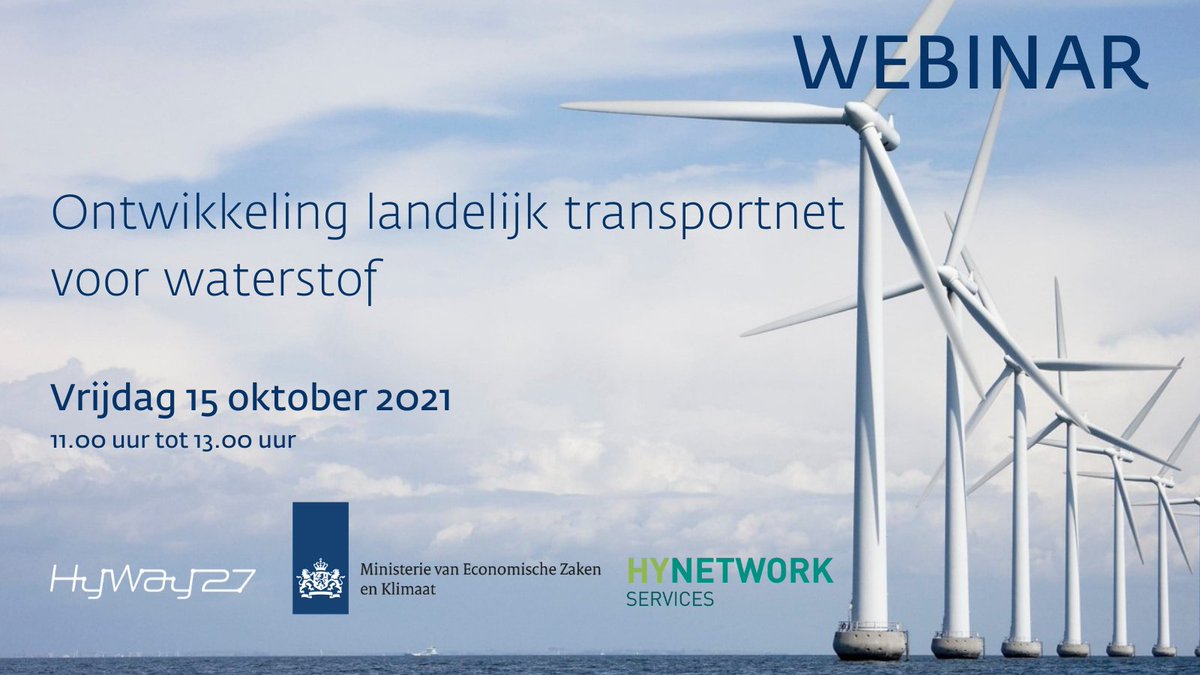 Gasunie's tweet photo. Webinar 'ontwikkeling van een landelijk transportnet voor waterstof' vrijdag 15 oktober a.s., voor geïnteresseerde (markt)partijen. Aanmelden kan via deze link: https://t.co/TkO9P4nV9J
@MinisterieEZK #waterstof #hydrogen #energietransitie #hyway27 https://t.co/2J5c3b1Ahe