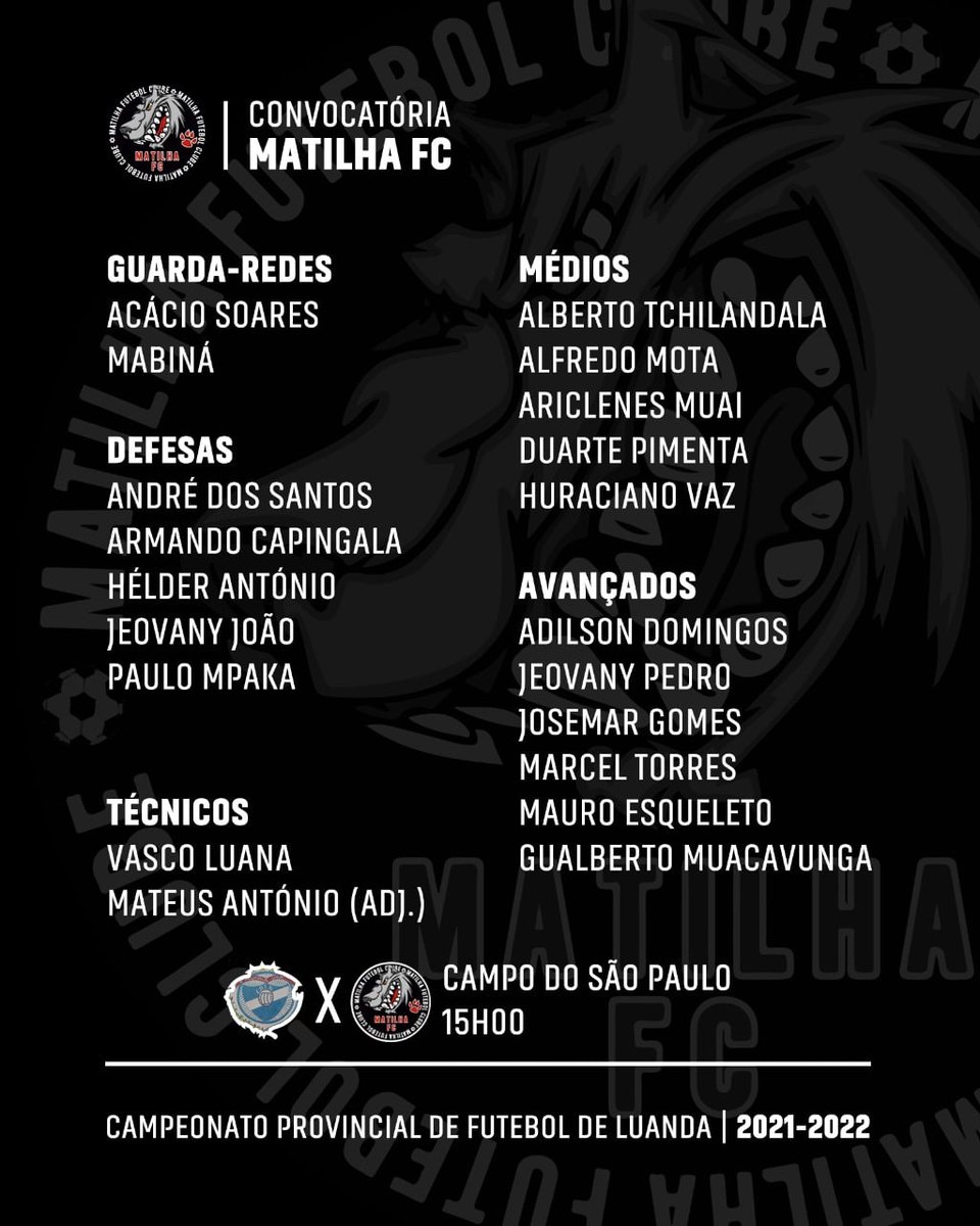 Fcmatilha's tweet photo. Convocados para o jogo de hoje
#matilhafc #bravuz #acreditanoprocesso https://t.co/gIWDMIhOVG