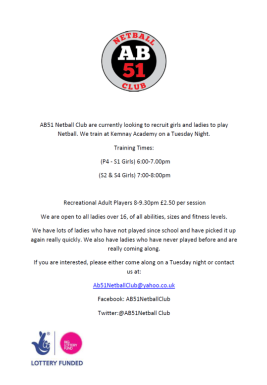 ASAberdeenshire's tweet photo. Is your child P4 or older &amp; interested in playing netball?  Community clubs are a great place for children to further develop their skills &amp; knowledge of sport.
Get in touch with AB51 Netball Club today for more info.
#MakingAnImpactTogether #SportForLife #StrenghtensCommunities https://t.co/WhGxDA5i72