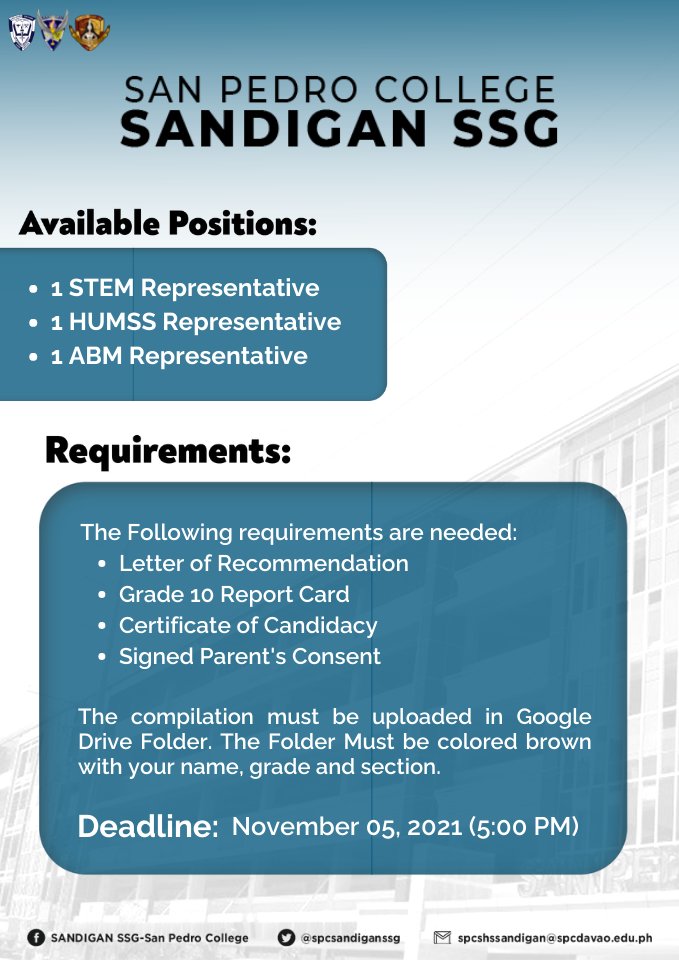 comelecspcshs's tweet photo. π’ Calling all student-leaders from Grade 11 π’
The elections for GRADE 11 STRAND REPRESENTATIVE are now open for candidates!
Please be guided on the following requirements.
Vox Populi, Vox Dei!
#SPComElec
#BeOneWithThePride https://t.co/bpyZ9HkLTU