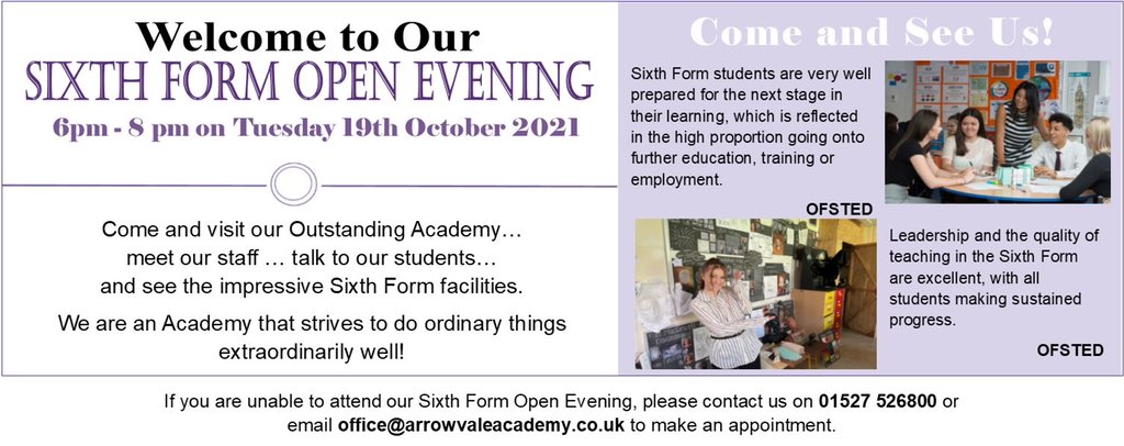ArrowValeSchool's tweet photo. Arrow Vale 6th Form Open Evening. 19th October. #arrowvale #redditch #worcestershire https://t.co/5Rv5U23CLf