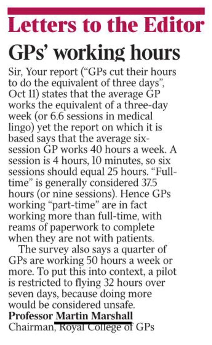 'GPs working ‘part-time’ are in fact working more than full-time, with reams of paperwork to complete when they are not seeing patients'. Read @MartinRCGP's letter in today’s @thetimes refuting yesterday's article about part-time working in general practice.