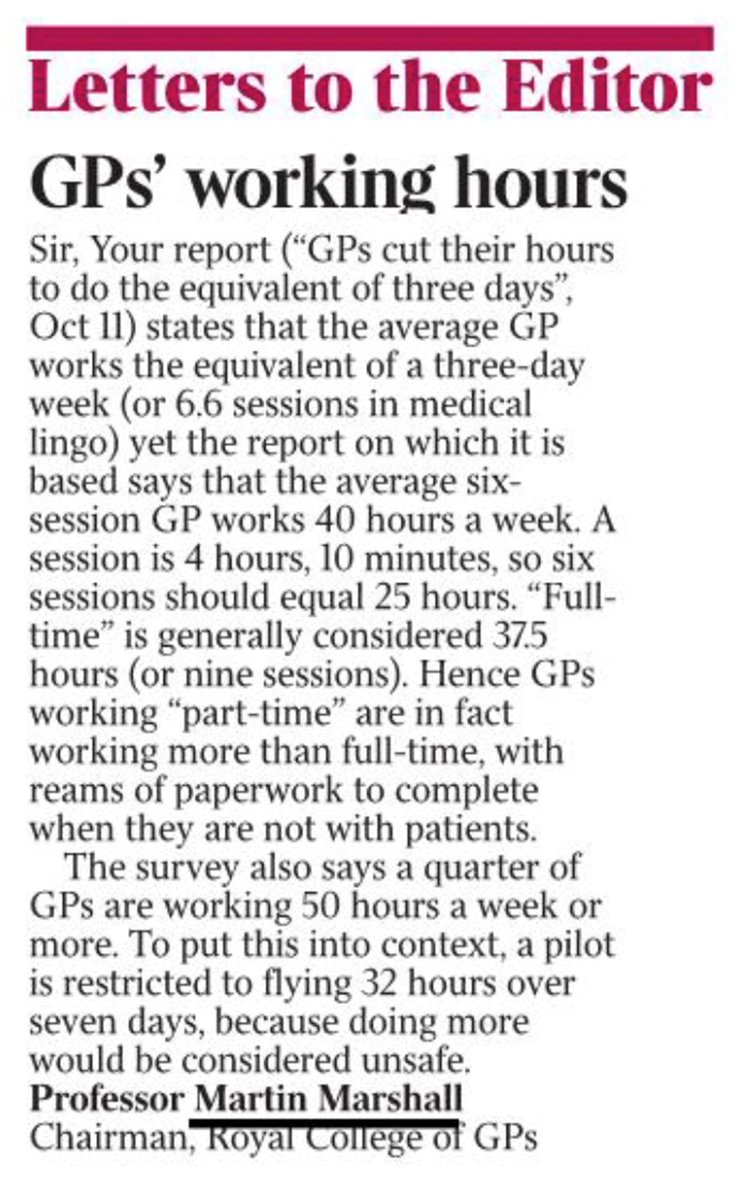 Royal College of General Practitioners (@rcgp) on Twitter photo "GPs working ‘part-time’ are in fact working more than full-time, with reams of paperwork to complete when they are not seeing patients". Read @MartinRCGP's letter in today’s <a href="/thetimes/">The Times and The Sunday Times</a> refuting yesterday's article about part-time working in general practice. "GPs working ‘part-time’ are in fact working more than full-time, with reams of paperwork to complete when they are not seeing patients". Read @MartinRCGP's letter in today’s <a href="/thetimes/">The Times and The Sunday Times</a> refuting yesterday's article about part-time working in general practice.