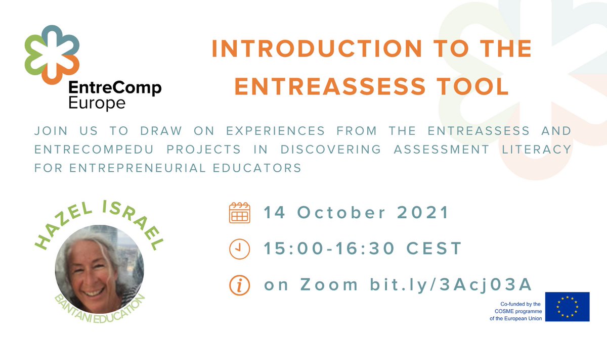 Don't forget to join @EntreCompEurope and @BantaniEdu to discover the #EntreAssess tool for assessment in #entrepreneurial learning though an online workshop. 📆 Thursday 14th October ⏰ 15:00 - 16:30 (CEST) 📌 bit.ly/3Acj03A #EntreComp #Assessment #Digitalisation