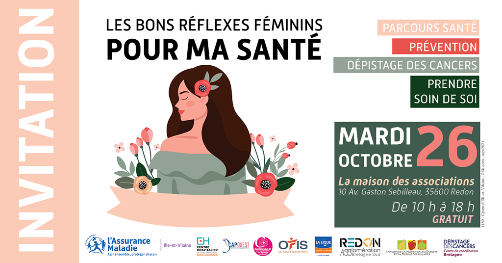 Cpam35's tweet photo. [Save the date] "Les bons réflexes féminins pour ma santé" : journée dédiée à la prévention féminine le 26 octobre à la maison des associations à Redon. De 10 h à 18 h.

➕ d'infos ▶ https://t.co/Z7CRNyUcph

#FiersDeProtéger #Prévention #Cancers https://t.co/T4U3hg18KE