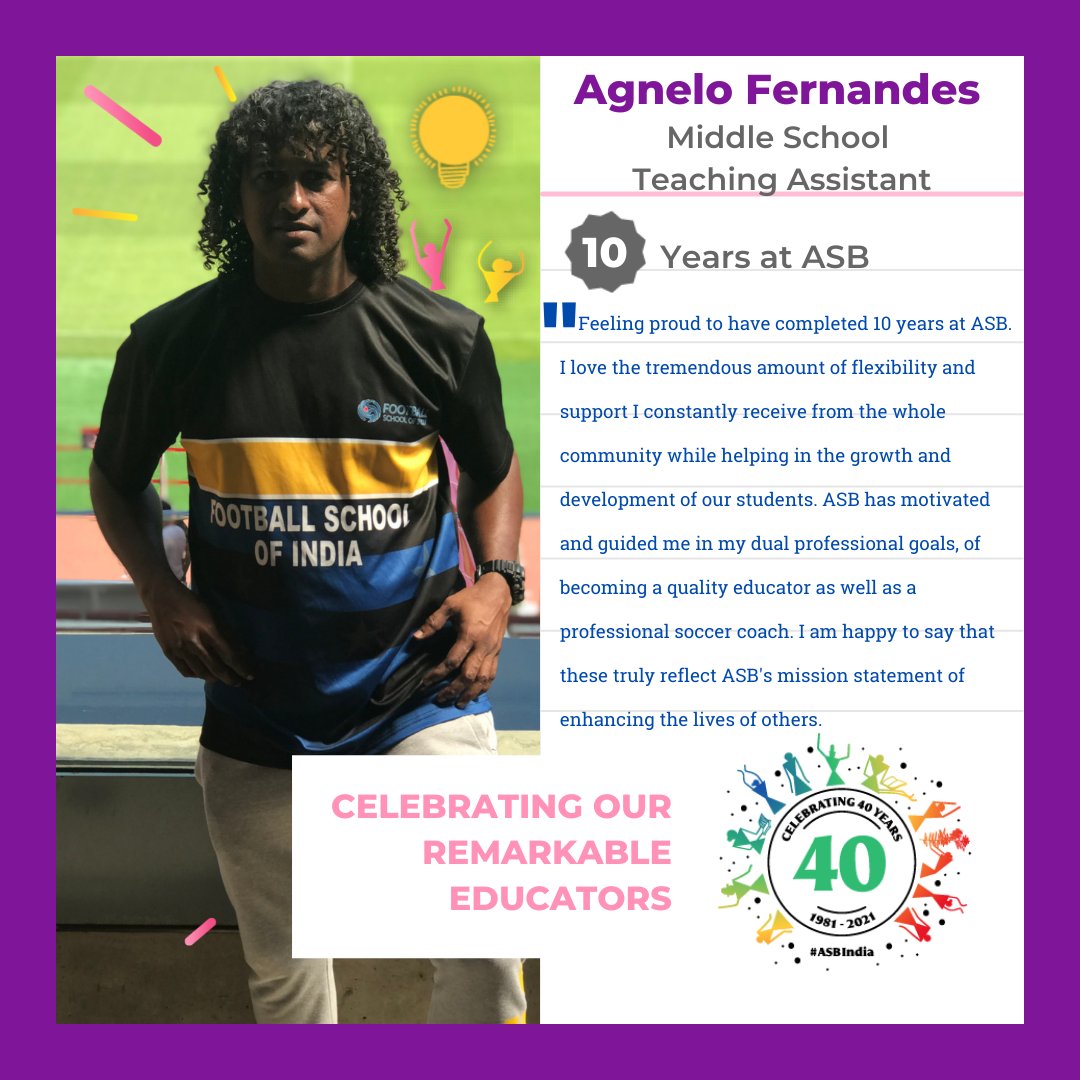 ASBIndia's tweet photo. Celebrating Agnelo Fernandes, #MiddleSchoolAtASB Teaching Assistant, and one of our #RemarkableEducatorsAtASB. Agnelo has been with #ASBIndia for 10 years.
#Celebrating40YearsAtASB #BoundlessAtASB #Mumbai #India #WhatSchoolShouldBe https://t.co/1DJfSduJeg