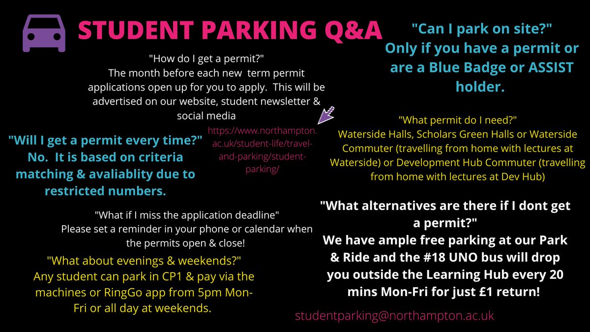 UniNorthants's tweet photo. We hope everyone is settling into the new term, here are some FAQs about parking at Waterside, now that term has begun.

See this page for more information: https://t.co/OdfIQC3Iyd

#UON #Uninorthants #Waterside #Travel https://t.co/2oM0TNt7HW