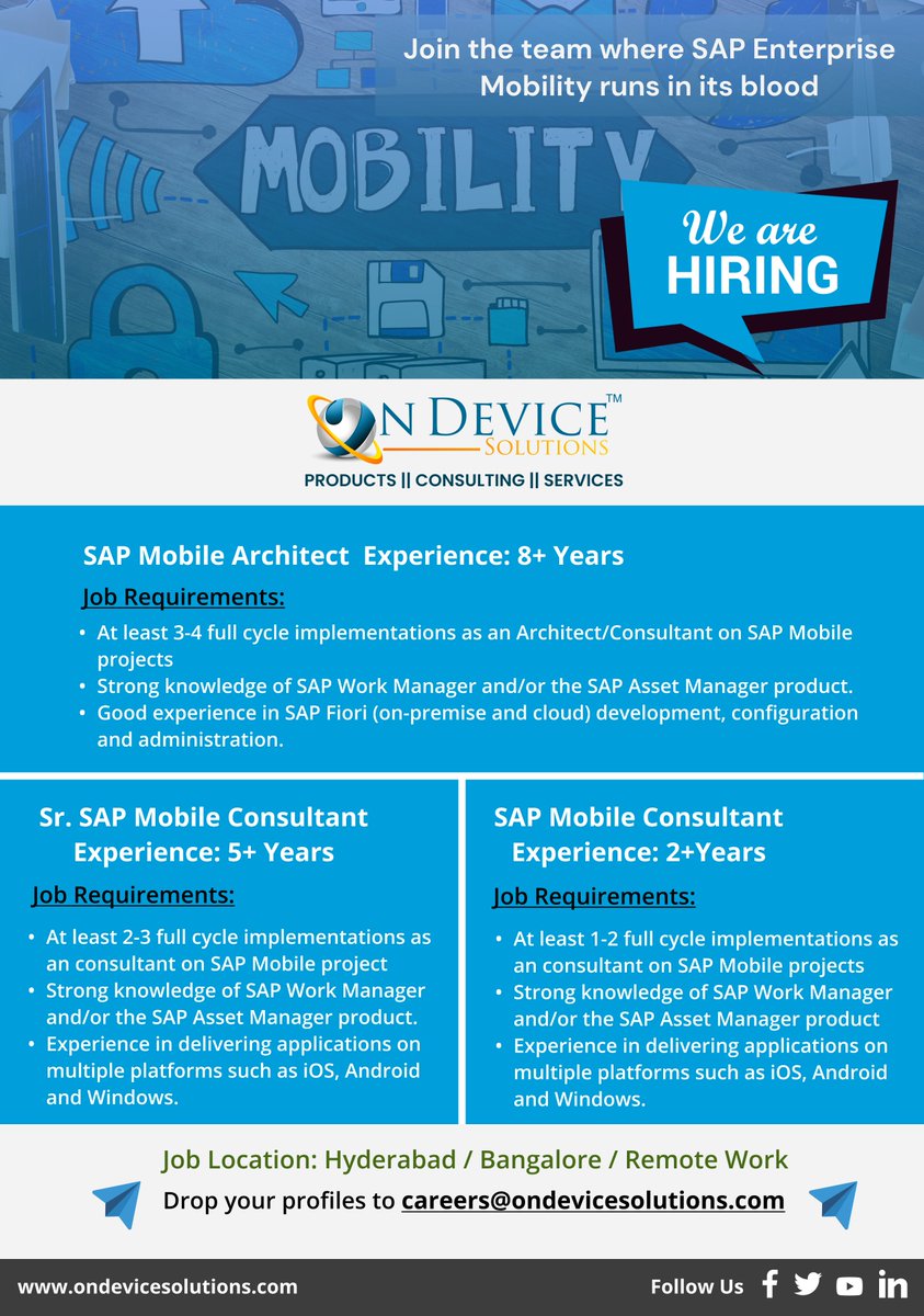 OnDeviceSols's tweet photo. We currently have three live roles. If you'd like to join On Device Solutions then apply today! 

🔔 SAP Mobile Consultant
https://t.co/Zx0YIcg2zk

🔔 Senior SAP Mobile Consultant
https://t.co/GLE0y40cxe

🔔   SAP Mobile Solutions Architect
https://t.co/2HcUmXj2Yx https://t.co/e2xixEp7y3