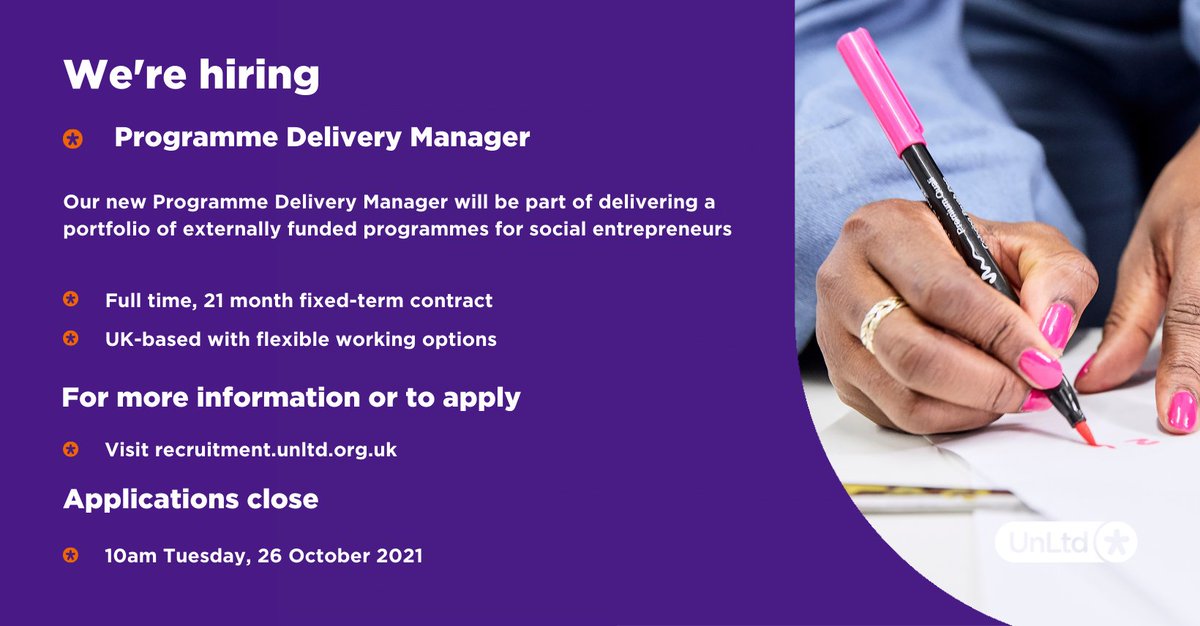 We're #hiring a Programme Delivery Manager 

Could you work with our partners to manage a high-quality and impactful support offer for social entrepreneurs? 

Find out more and apply here by 26 October 2021 -

recruitment.unltd.org.uk/VacancyDetails…