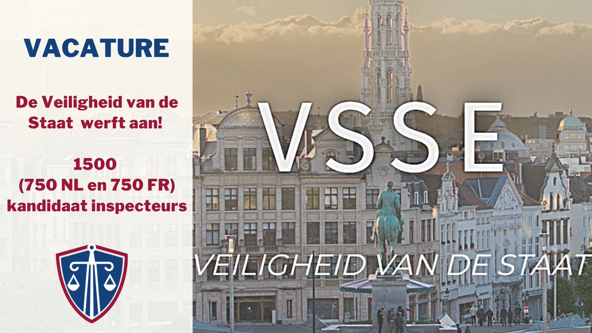 #Vacature De Veiligheid van de Staat #VSSE
Er wordt een werfreserve van 1500 (750 NL, 750 FR) kandidaat inspecteurs met diverse profielen gevormd. Solliciteren kan t.e.m. 14/10. Test je skills bit.ly/3aquu8Z Meer info 👉  bit.ly/3FCY09O &amp; bit.ly/3AxA9EV