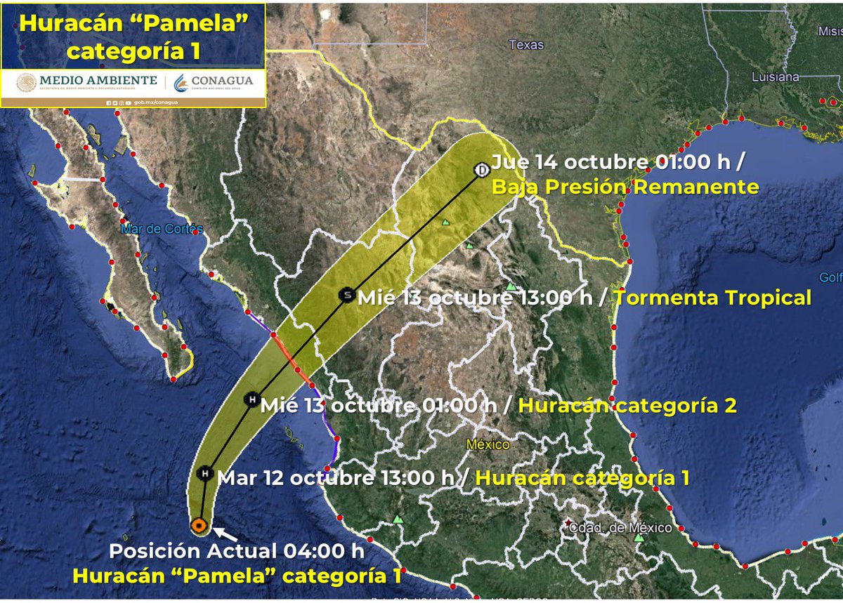 PC_Sinaloa's tweet photo. ⚠️"Pamela” ya es Huracán categoría 1 en la escala Saffir-Simposon, se localiza a 365 km al oeste-suroeste de Cabo Corrientes, Jal. y a 425 km al sur-sureste de Cabo San Lucas, B.C.S. su desplazamiento es hacia el norte con vientos de 120 km/h y rachas de hasta 150k/h.⚠️ https://t.co/pH5IdSFECp