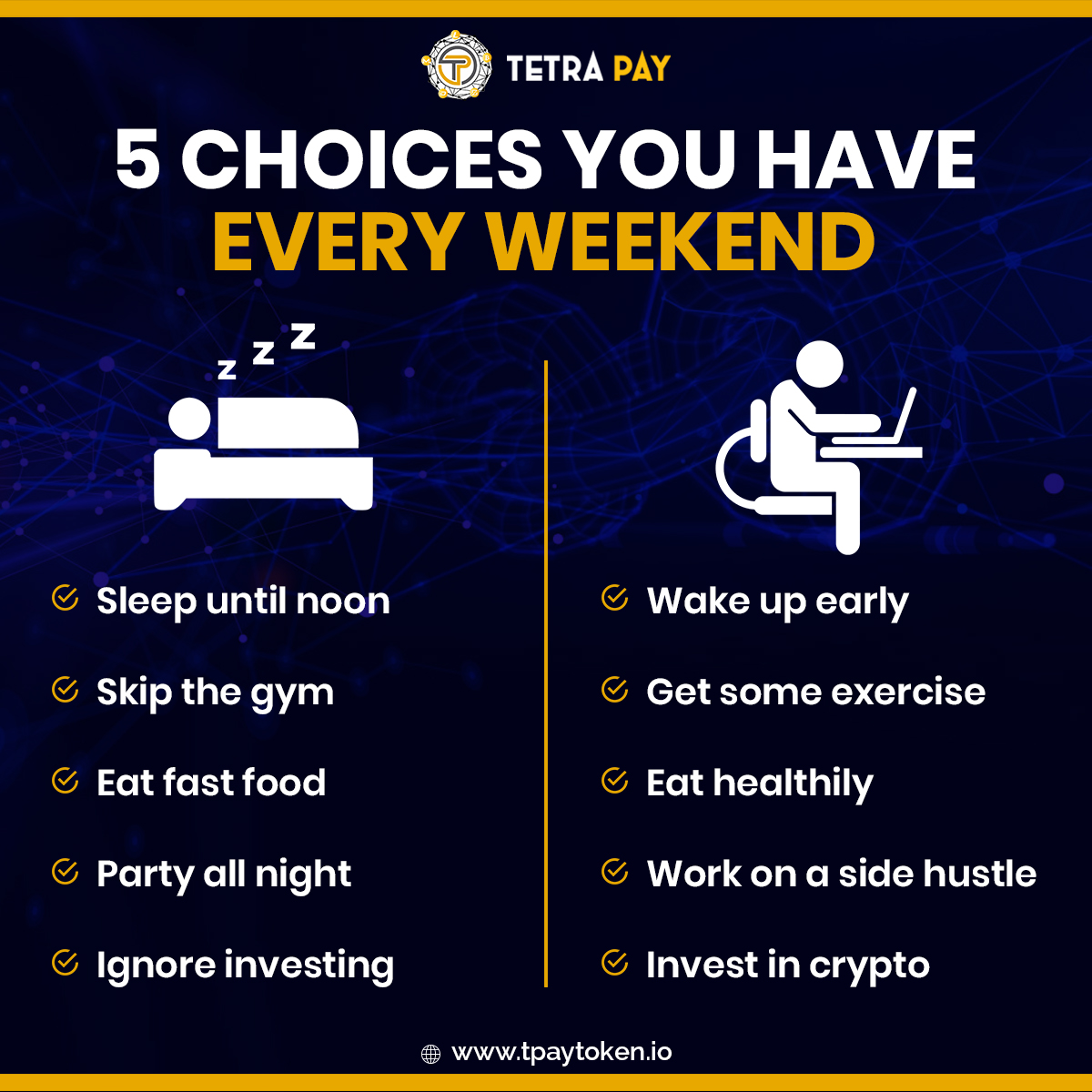 TpayToken's tweet photo. 5 Choices You Have Every Weekend 

Invest Now: https://t.co/5LwrfIHWif

 #investor #cryptocurrency #tpay #cryptoinvesting #crypto #investment #cryptotrading https://t.co/EuAX8nH4DP