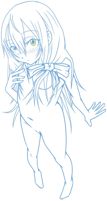 まず裸体でキャラを描いて、体格やパースを把握してから服を描いています('・ω・)服が気に入らなかったら簡単に描き直せたり、着せ替えもできる利点があるのですが、最終的に見えない部分を描いてるので時間が掛かります。オススメはできない描き方ですw 