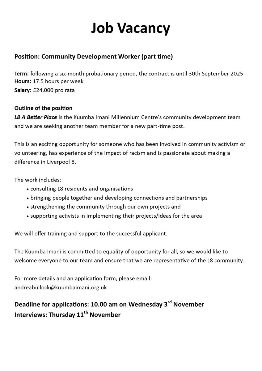 Kuumba Imani (@kuumba_imani) on Twitter photo 📣Job Vacancy📣
<a href="/L8abetterplace/">L8 A Better Place</a> is recruiting!
P/T Community Development Worker is needed to join our small, but perfectly-formed team 😊
Please see ad below for more info. 📣Job Vacancy📣
<a href="/L8abetterplace/">L8 A Better Place</a> is recruiting!
P/T Community Development Worker is needed to join our small, but perfectly-formed team 😊
Please see ad below for more info.