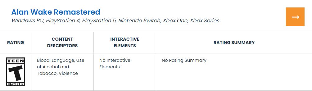 Alan Wake Remastered Has Been Rated For Nintendo Switch
