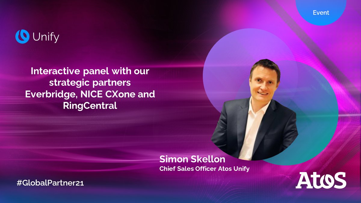 #GlobalPartner21 is almost here.

We are starting at 4PM CEST. Simon Skellon, Chief Sales Officer at Atos Unfy, will be speaking at today's event outlining the strength and depth of the solutions we have to offer to our partners.

#LetsAdvanceTogether