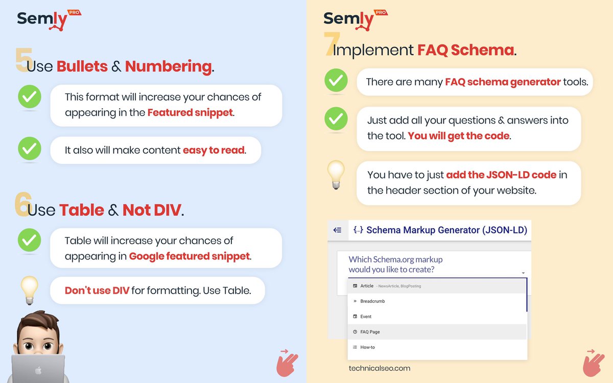 SemlyPro's tweet photo. 7 ways to improve website #SEO using #FAQ
1. Q&amp;A on all important pages.
2. Unique answers.
3. 1-2 lines in each paragraph.
4. CTA in the answer. 
5. Bullets &amp; Numbering format.
6. Use Table, Not DIV.
7. Implement FAQ Schema.

FAQ helps you rank in #voicesearch.

#semlypro #sem https://t.co/48mQqyu73j