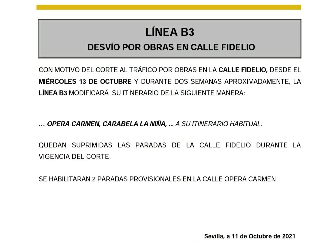 leotebeos's tweet photo. Alteración de líneas B3 en calle Fidelio y línea 24 en calle Alondra por obras.
#Tussam #Sevillasemueve #MuevetePorSevilla #Dejatellevar #cosasquedecir https://t.co/ECP7kFA6fo