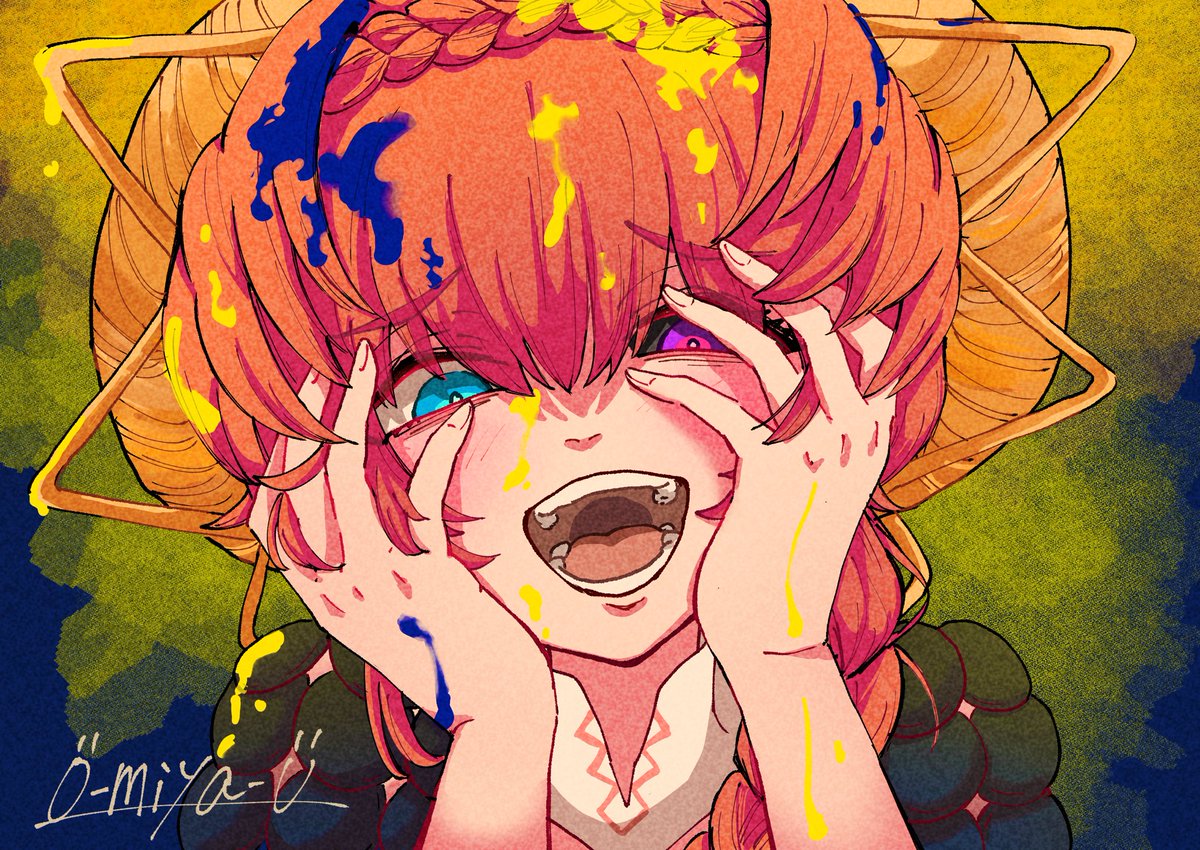 1girl paint splatter braid yellow headwear solo blue eyes open mouth  illustration images