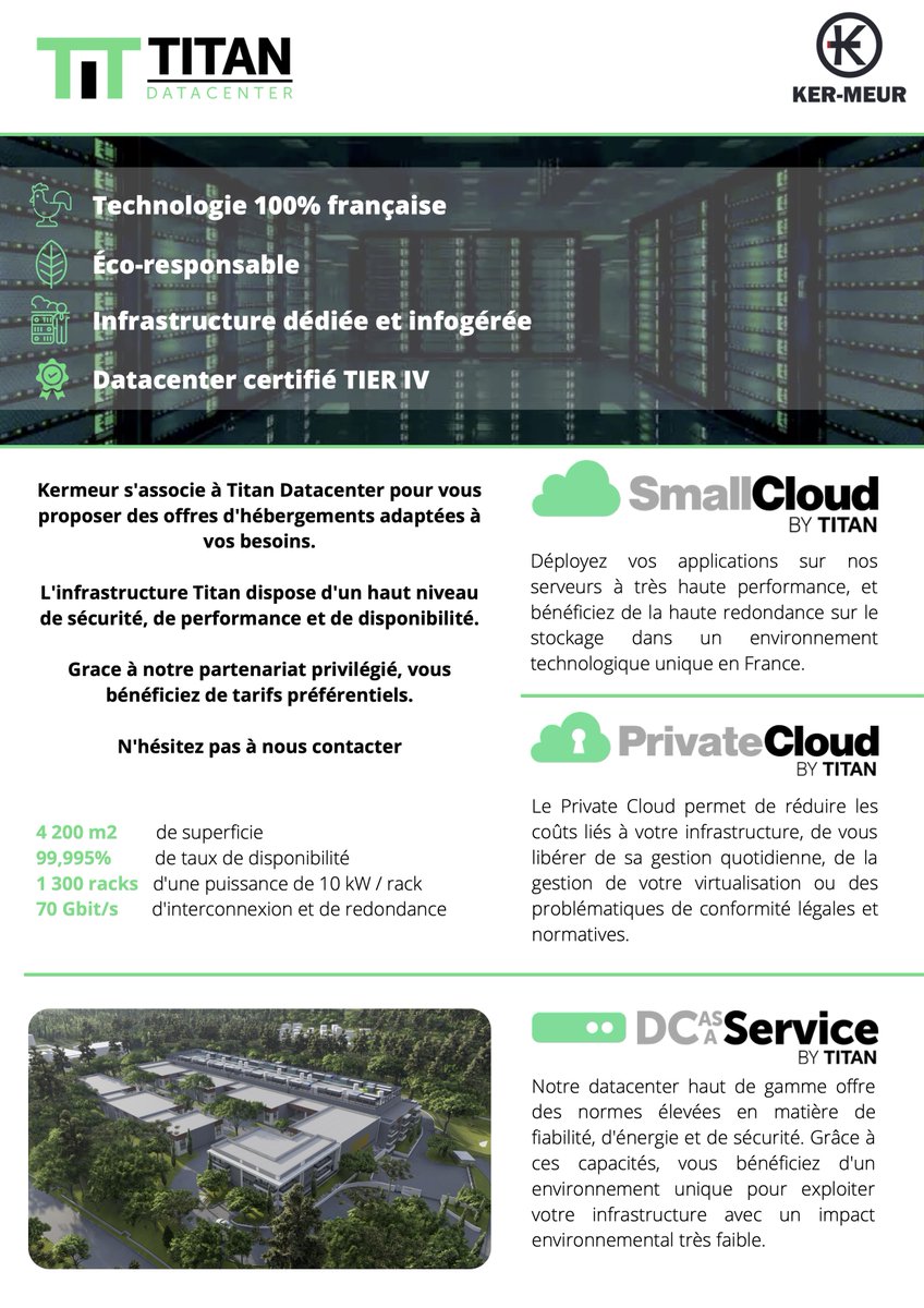 Ker_Meur's tweet photo. Kermeur s'associe à Titan Datacenter pour vous proposer des offres d'hébergements adaptées à vos besoins. Grace à notre partenariat privilégié, vous bénéficiez de tarifs préférentiels.
N'hésitez pas à nous contacter pour l'ouverture de votre compte (gratuit et sans engagement) https://t.co/8y8qnE0uaj