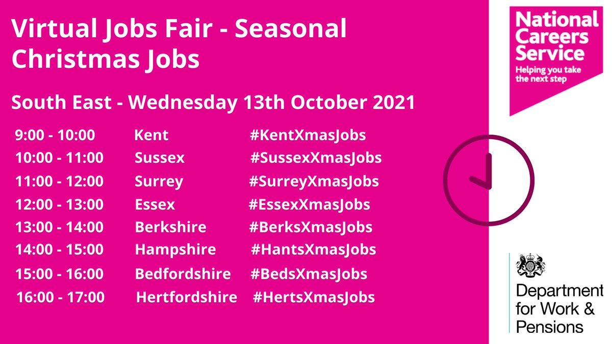 CareersSE's tweet photo. Looking for seasonal work? Join our Virtual Jobs Fair tomorrow to access 100s of vacancies across the South East! We'll be touring the region hour by hour, starting in Kent at 9am. See you there! @NationalCareers https://t.co/bbICDjcoy0