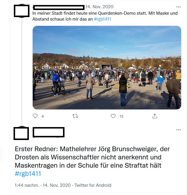 HenningMarianna's tweet photo. 2/2 Drei Screenshots zu Querdenkerdemo, Partei Die Basis und Lehrtätigkeit. Alle !B.
Verena und Jörg #Brunschweiger sind schon seit dem Frühjahr 2020 in der Querdenkerszene unterwegs. Link zu einem Artikel dazu: https://t.co/9LUylkKxAs
Wieso darf er noch unterrichten?
#Kelheim https://t.co/Zja1g0XUOn
