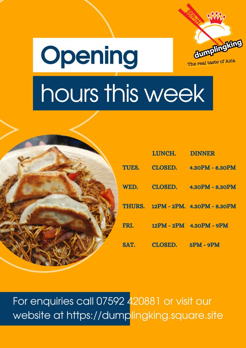 DumplingKingUK's tweet photo. 📆 Opening hours this week from Tuesday 12th October. 🥟🍜🤪👏🏼
🖥️ https://t.co/ivTtoek0XY
☎️ 07592 420881
27 Far Gosford Street, Coventry. CV1 5DW
#dumplings #noodles #DumplingKing #dumplingsfordays #dumplingtime #dumplingsoup #chinesedumplings #streetfood #streetfoodlover https://t.co/Dw3HTRovBp