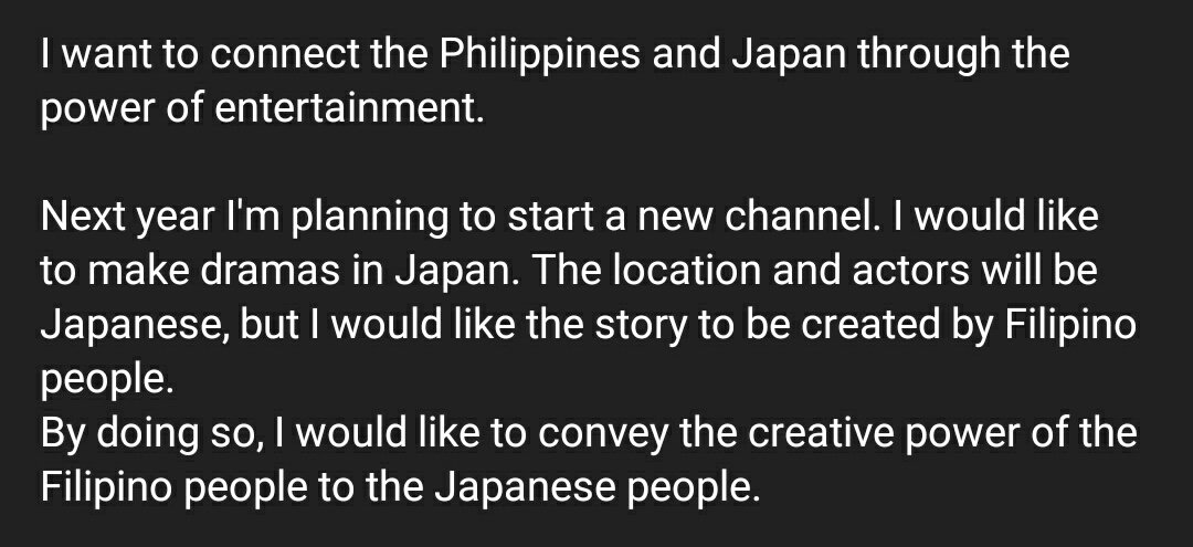 fumiya_eng's tweet photo. To become a bridge between Philippines and Japan, I'll start a very massive and huge project next year.

(Based on Fumiya's YT post, I believe that project is making a new YT channel where he uploads a short film written by Filipinos and portrayed by Japanese actors) https://t.co/gib9eD3ZQL
