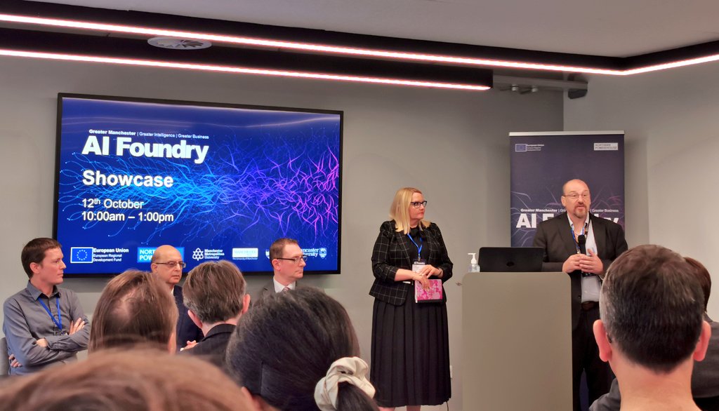 buzzinbee3's tweet photo. Rob Aspin @ManMetUni talks about the unique collaboration of the @GMAIFoundry bringing access to academic research and resource to embed ethical use and understanding of AI to power  business growth and to build an ecosystem in the city that benefits from our academic strengths. https://t.co/kSJDhd7dyk