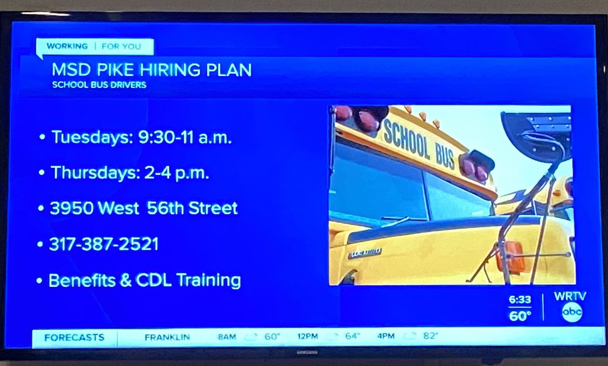 DrFloraIndy's tweet photo. Thanks @wrtv and @RafaelOnTV for getting the word out about @PikeSchools need for bus drivers. Walk in interviews today! Join the Pike Family! #PikeProud https://t.co/d6kjDRDTrl