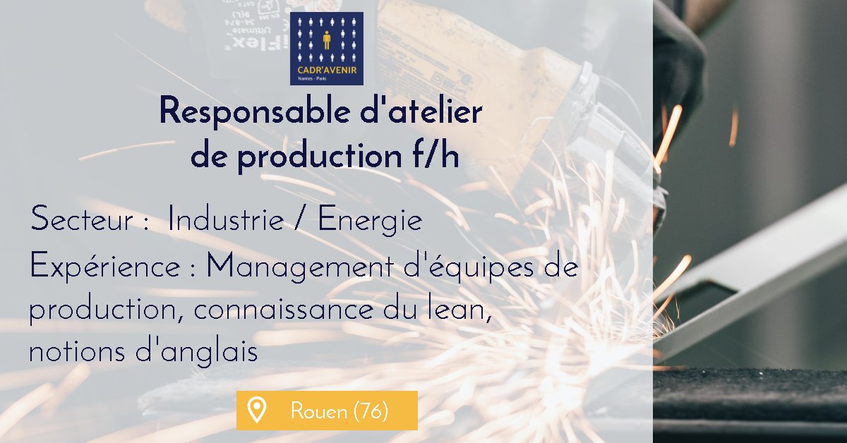 CadrAvenir's tweet photo. Cadr'Avenir recrute pour son client basé à proximité de Rouen (76) un(e) Responsable d'atelier de production.

https://t.co/Vse3MT5P4C

#offresdemploi #atelier #industrie #rouen https://t.co/hD63Nu9N1f
