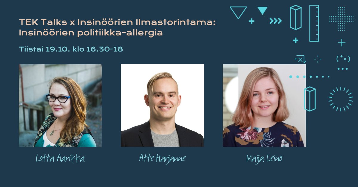 TEK_akateemiset's tweet photo. MistÀ tekniikan alan ammattilaisten nihkeÀ suhtautuminen politiikkaan johtuu ja missÀ luodaan mielikuva tekniikan epÀpoliittisuudesta? TÀhÀn haemme vastausta #TEKTalks'issa tÀnÀÀn klo 16.30 alkaen.
VielÀ ehdit ilmoittautua mukaan, tervetuloa linjoille! https://t.co/Axvwiq9bcV https://t.co/amGFx1INDA